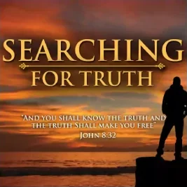 Searching for Truth title over a sunset with a man silhouetted by the water